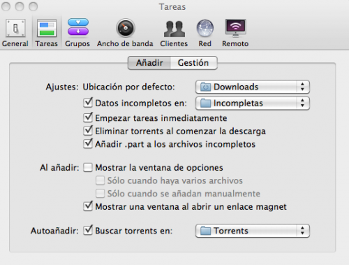 Carpeta de torrents en Transmission