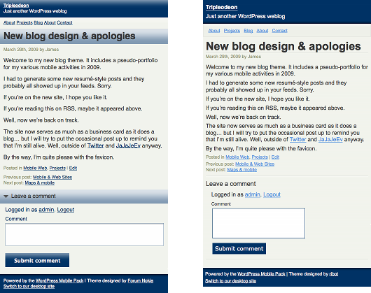 Aspecto de WordPress Mobile Pack